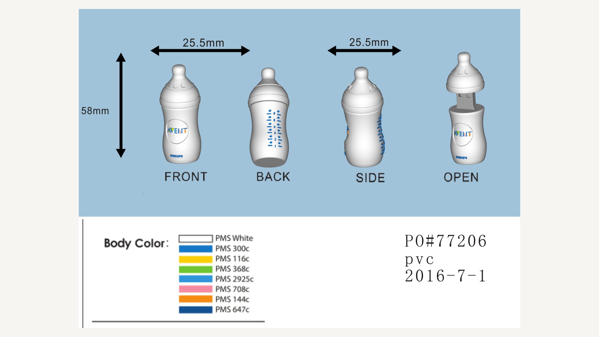 Dimensioned production drawing showing front, back, side and open views of a moulded PVC bottle shape with a colour reference table