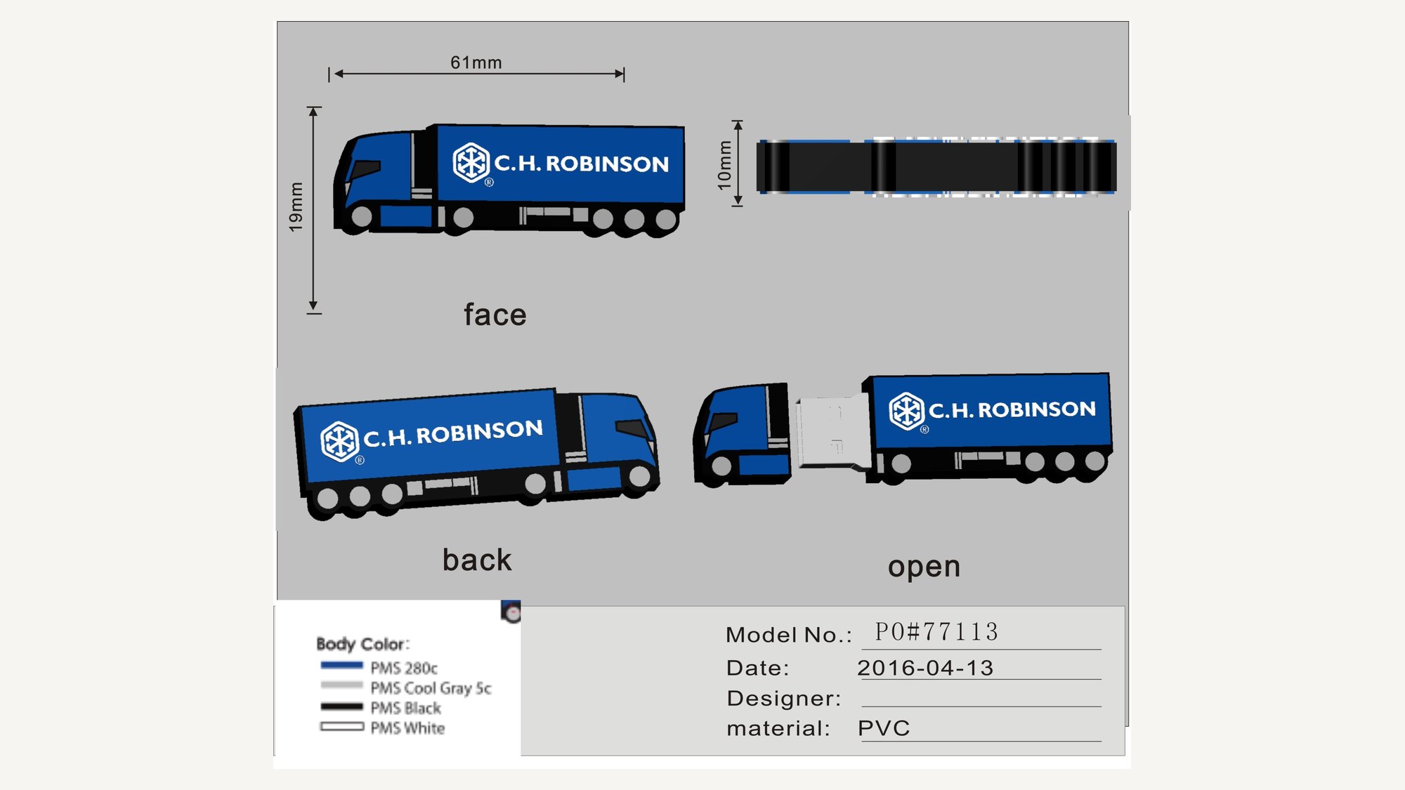 Dimensioned 2D drawing showing face, back and open views of a moulded PVC box truck shape