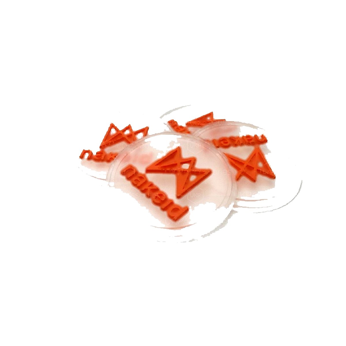 Round soft PVC labels with an orange raised logo moulded on a frosted transparent base