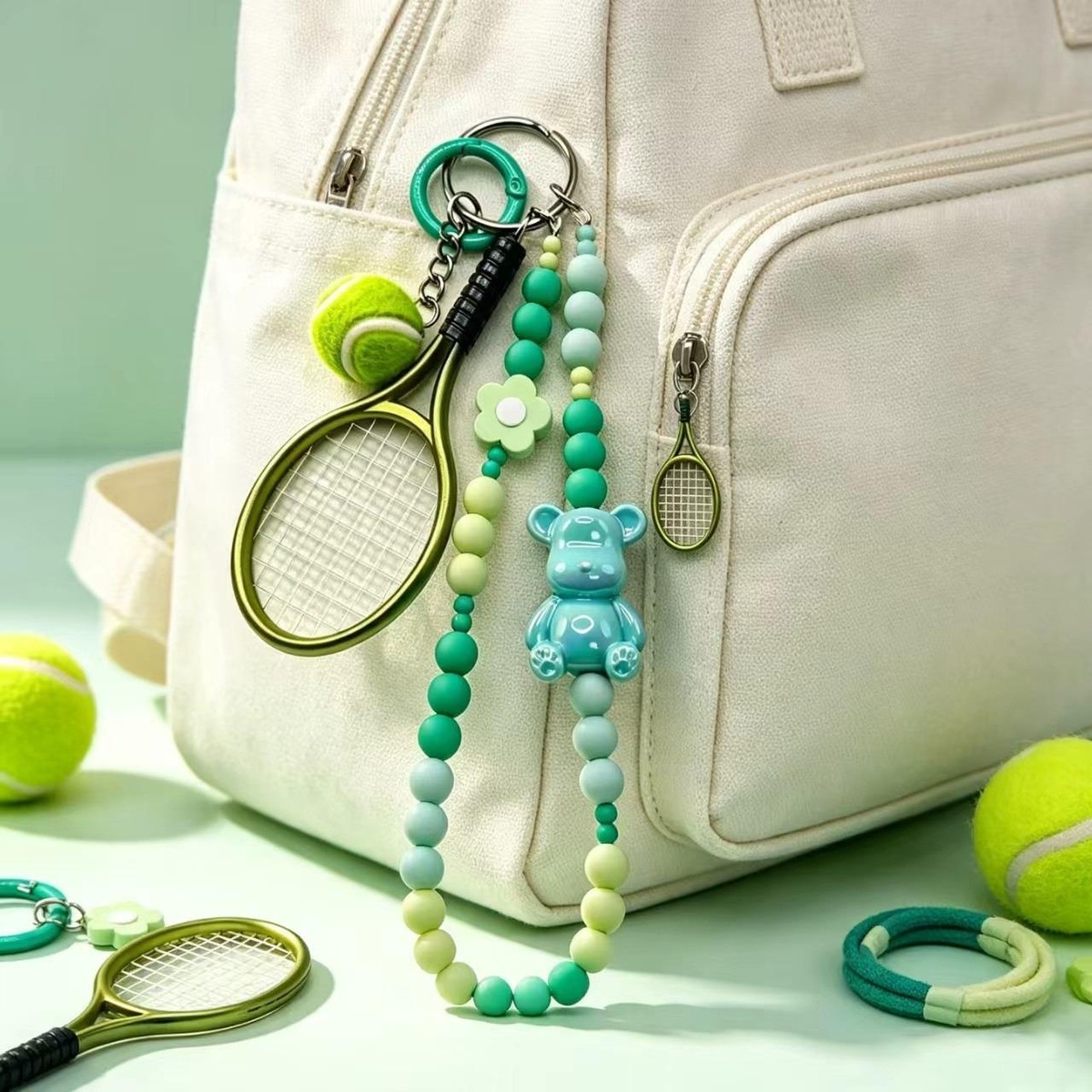 Set of moulded silicone tennis racket shock absorbers shown together in several shapes and colours